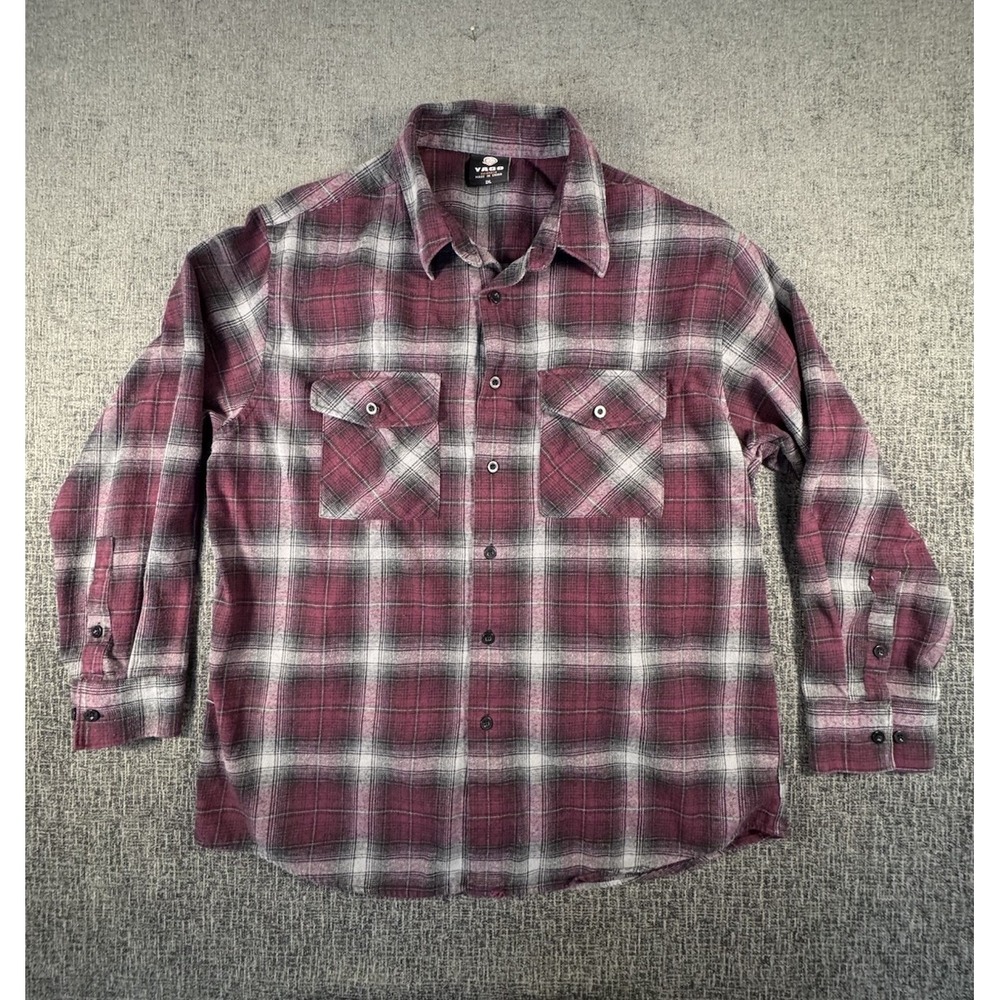 YAGO Shirt Mens Size 2XL‎ Button Up Plaid Extra Large Flannel Gray Red*